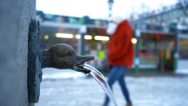 Zima Viktualienmarkt Monachium Woda Nadal Płynie Lodowej Fontanny Tle Ludzie — Wideo stockowe