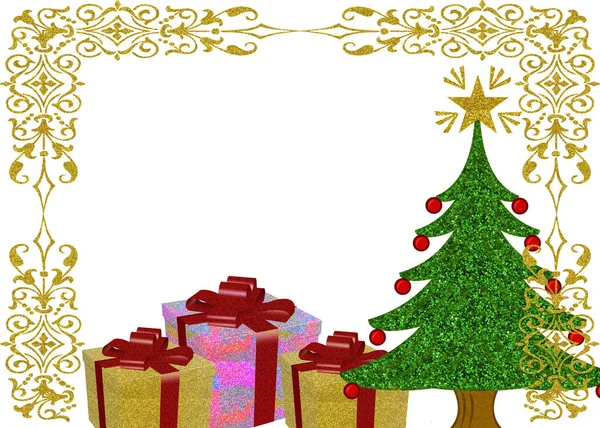 Ein Rahmen Mit Goldenen Eckmustern Und Weihnachtsschmuck Auf Weißem Hintergrund — Stockfoto