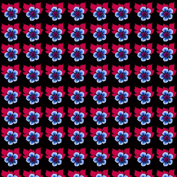 Ілюстрація Синіх Квітів Рожевим Листям Чорному Тлі — стокове фото