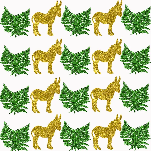 Een Illustratie Van Gouden Ezels Groene Bladpatronen Een Witte Achtergrond — Stockfoto