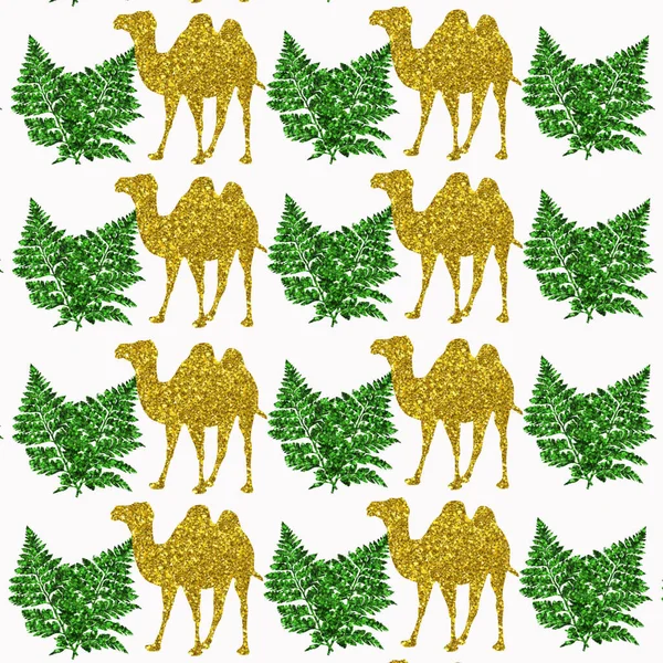 Een Illustratie Van Gouden Kamelen Groene Bladpatronen Een Witte Achtergrond — Stockfoto