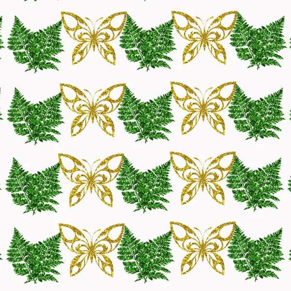 Een Illustratie Van Gouden Butterfl Groene Bladpatronen Een Witte Achtergrond — Stockfoto