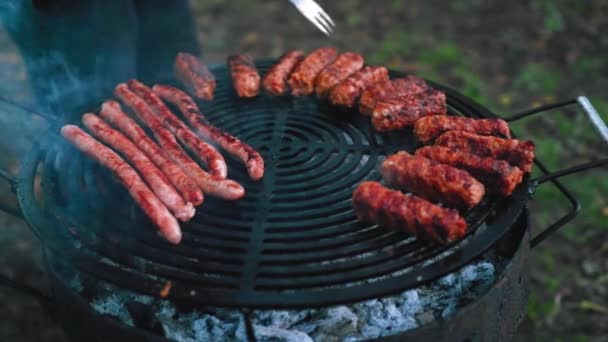 Nahaufnahme Von Fleisch Und Schweinerippchen Auf Dem Grill — Stockvideo