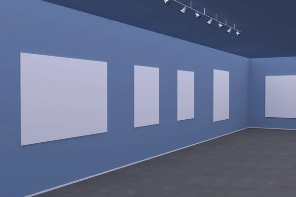 Mavi Bir Duvarda Boş Çerçeve Motifleri Olan Bir Galerinin Boyutlu — Stok fotoğraf