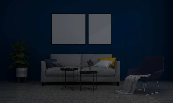 あなたの画像のための壁に空白のフレームを持つ現代的なリビングルームの3Dレンダリング — ストック写真