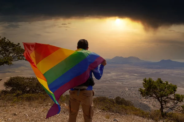 A back view of a man standing on top of the hill and holding the LGBT pride flag