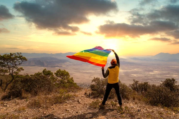 A back view of a man standing on top of the hill and holding the LGBT pride flag