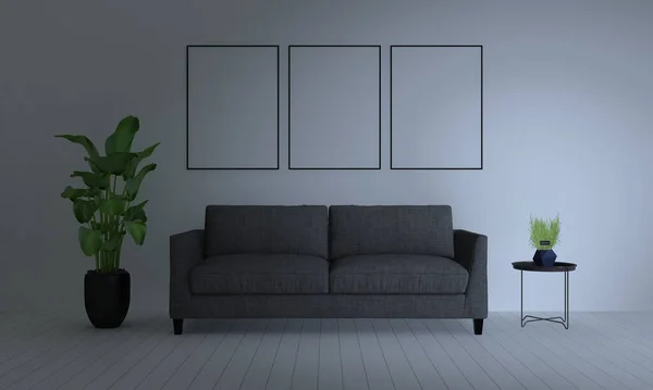 あなたの画像のための壁に空白のフレームを持つ現代的なリビングルームの3Dレンダリング — ストック写真
