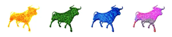 白を基調としたカラフルな鮮やかな質感で構成された4頭の雄牛のイラスト — ストック写真