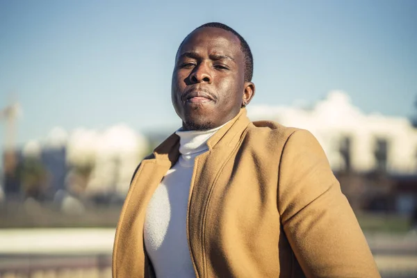 Closeup Shot Stylish Handsome African Male Coat Looking Camera — Stock Photo, Image