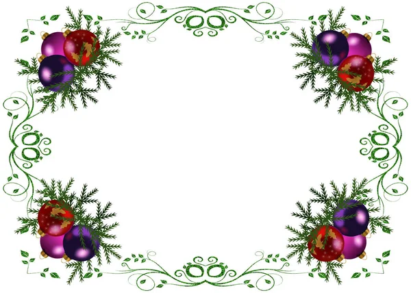 Keret Zöld Sarok Minták Karácsonyi Labdák Fehér Háttér Másolási Hely — Stock Fotó