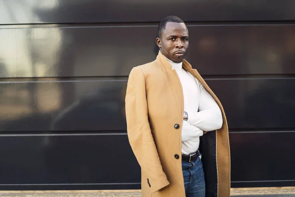 Shallow Focus Shot Stylish Handsome African Male Coat Posing Camera — Stock Photo, Image
