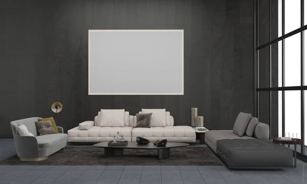 三维渲染的现代客厅的墙壁上有一个空白的框架 — 图库照片
