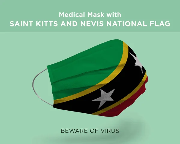 带有圣基茨和尼维斯国旗的绿色背景医疗面罩三维绘制 — 图库照片