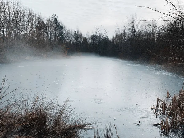 Uma Vista Panorâmica Nevoeiro Vapor Sobre Lago Outono — Fotografia de Stock
