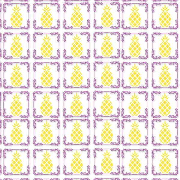 Ілюстрація Жовтих Ананасових Візерунків Фіолетовими Рамками Білому Тлі — стокове фото