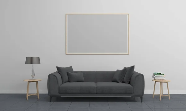 壁に空白のフレームを持つモダンなリビングルームの3Dレンダリング — ストック写真