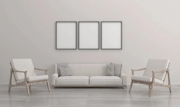 Rendering Salotto Moderno Con Cornici Bianche Sul Muro Tue Immagini — Foto Stock