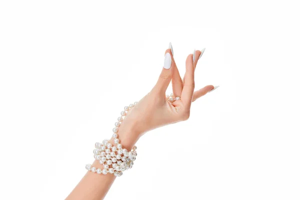 Female Hand Long White Nails Wearing Pearl Bracelet Isolated White — Stock Photo, Image