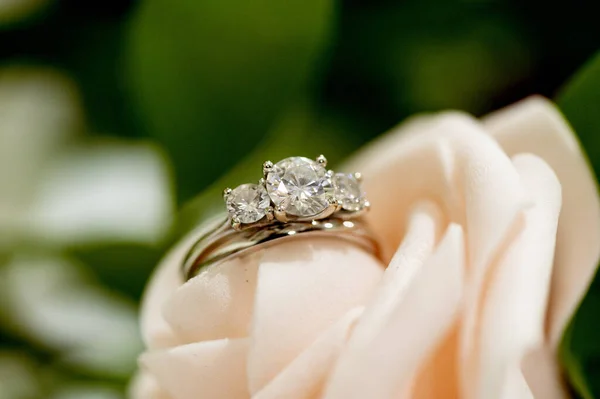 Una Macro Toma Hermoso Anillo Compromiso Una Rosa — Foto de Stock