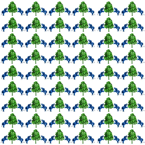 Uma Ilustração Elefantes Azuis Por Árvores Verdes — Fotografia de Stock