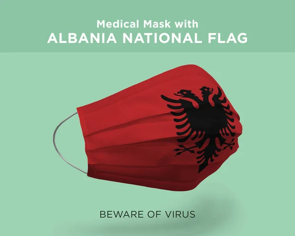 Rendering Medical Mask Albania National Flag Green Background — Stock Photo, Image