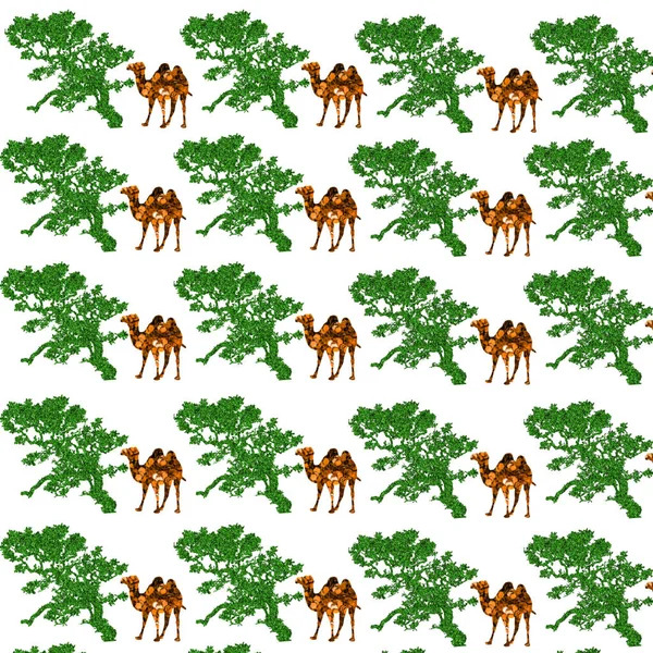 Una Ilustración Brillantes Camellos Árboles Verdes Sobre Fondo Blanco — Foto de Stock