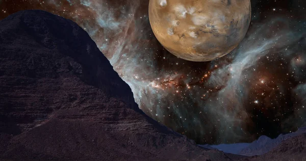 Зображення Скелястої Пустелі Йорданії Нереальним Тлом Зоряної Туманності Планети Марс — стокове фото