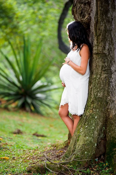 Vertikální Záběr Těhotné Ženy Bílými Šaty Stojící Pod Stromem Rozmazaném — Stock fotografie