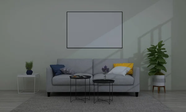 Uma Renderização Uma Sala Estar Moderna Com Uma Moldura Branco — Fotografia de Stock