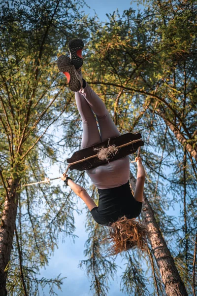 Vertical Low Angle Shot Young Woman Tree Swing — Stock Fotó