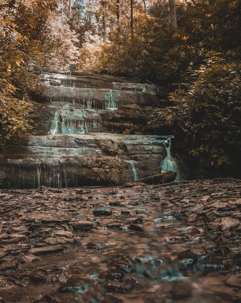 Tiro Vertical Uma Cachoeira Cascata Cercada Por Árvores Uma Floresta — Fotografia de Stock