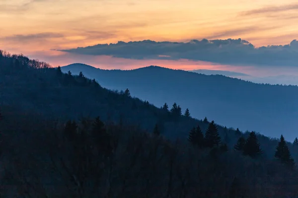 美丽的山景 夕阳西下有许多树 — 图库照片