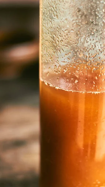 Closeup Waterdrops Surface Glass Filled Orange Juice — Stock Photo, Image
