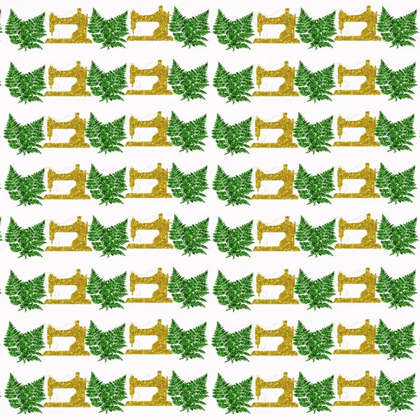 Een Illustratie Van Bladeren Een Naaimachine Uit Groene Gele Glitter — Stockfoto