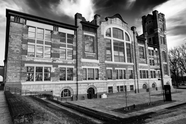Low Angle Greyscale Shot Old Building Captured Cloudy Day — Stock Photo, Image