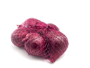 Net of red onions isolated on white background.. clipart