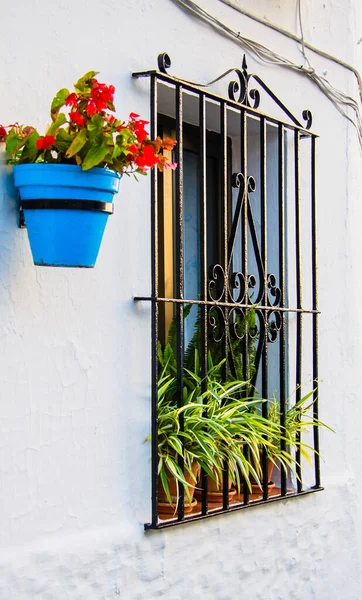 Nice Views White Facade Adorned Blue Pots Its Flowers Town — Stock Photo, Image