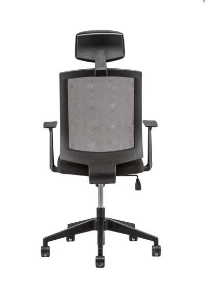 Eine Vertikale Rückansicht Eines Schwarzen Bürostuhls Mit Isolierter Kopfstütze Auf — Stockfoto