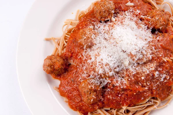 Delicioso Espaguete Trigo Integral Almôndegas Molho Tomate — Fotografia de Stock