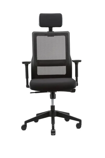 Eine Vertikale Frontansicht Eines Schwarzen Bürostuhls Mit Isolierter Kopfstütze Auf — Stockfoto