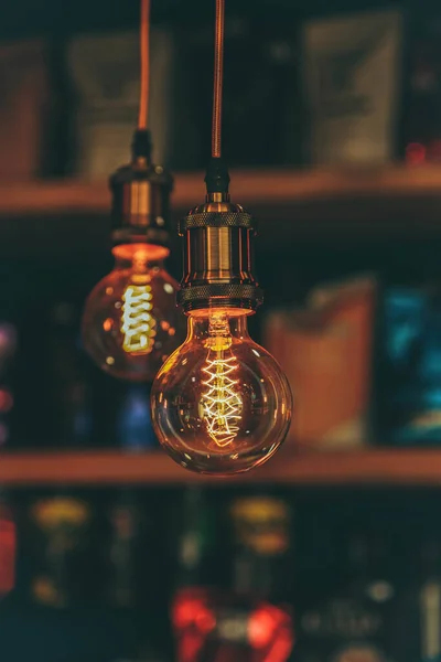 Selective Focus Shot Decorative Light Bulbs Hanging Wire — Stock Photo, Image