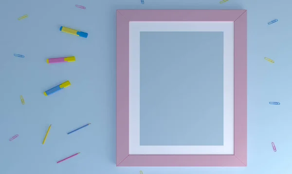 Mavi Arkaplanda Renkli Bir Çerçeve Klipler Kalemlerin Yakın Çekimi — Stok fotoğraf