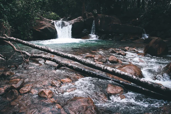 Schöne Aufnahme Eines Wasserfalls Einem Bach Mit Steinen Und Ästen — Stockfoto