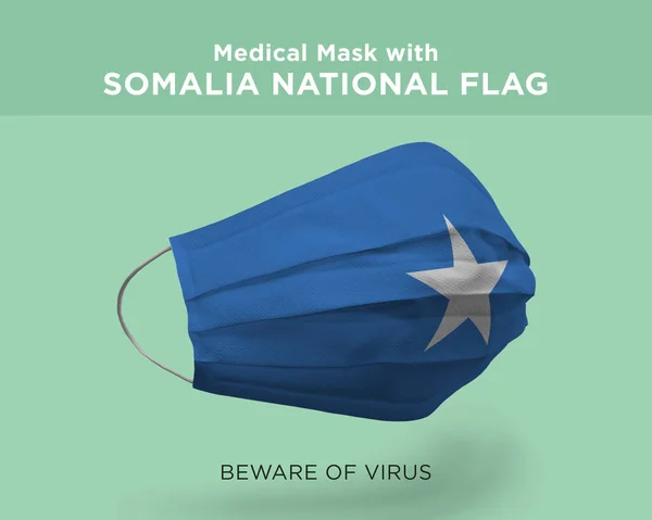 带有索马里国旗的绿色背景医疗面罩三维绘制 — 图库照片
