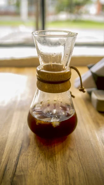 Vertical Shot Interesting Coffee Maker Wooden Table — Stock Photo, Image