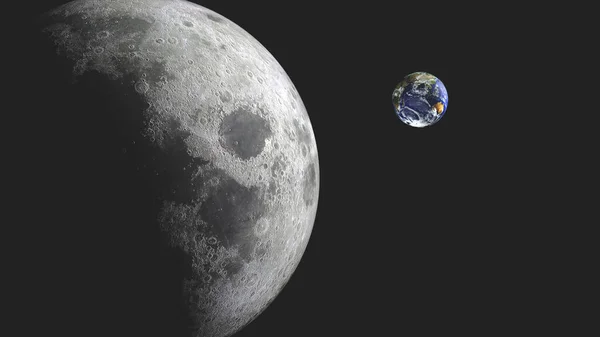 在黑色背景下孤立的月球和地球的三维渲染 — 图库照片