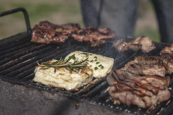 Mięso Ser Grillowane Zewnątrz Piknik — Zdjęcie stockowe