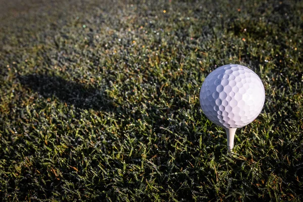 Egy Közelkép Egy Golflabdáról Egy Golfpályán Készen Játékra — Stock Fotó