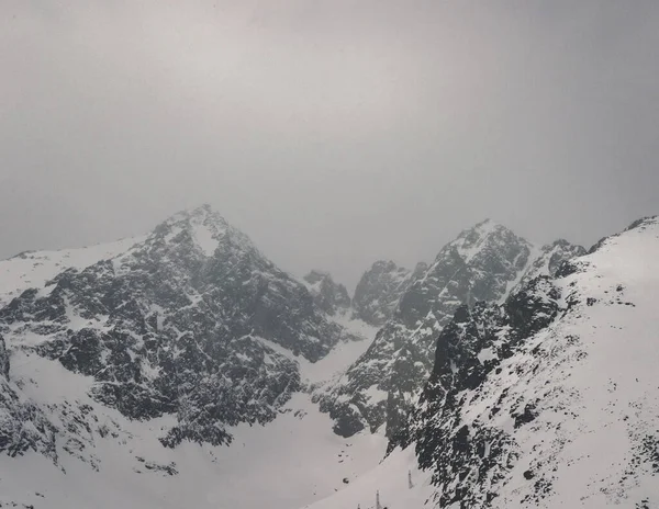 Śnieżne Góry Przeciwko Pochmurnemu Niebu Mglisty Dzień — Zdjęcie stockowe